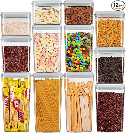 Pop Airtight Food Storage Containers with Lids for Kitchen Pantry Organizing Stackable Container for Cereal Snack Flour Sugar Coffee Spaghetti -12 Pcs(1.2, 2.0, 2.7, 3.3qt)*3