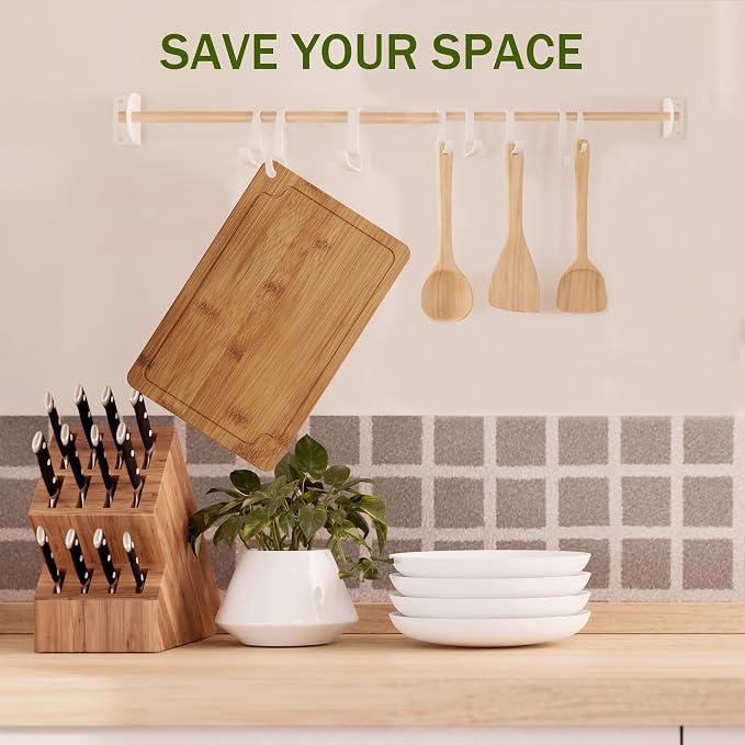 17" Bamboo Cutting Board Set Serving Tray Juice GroovesHandles | Ideal for Meat Vegetables Fruit,Easy Storage & Quick Clean,Natural Wood Construction,Dual-Purpose as Serving Tray