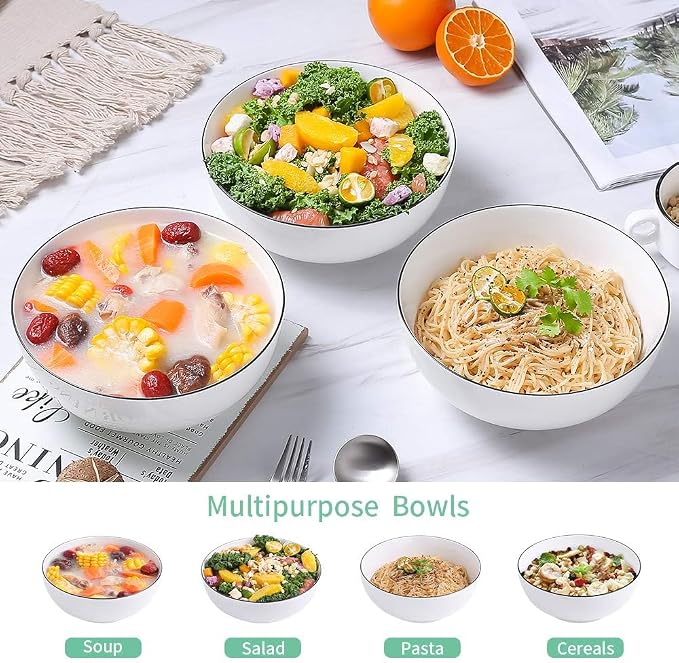 NJCHARMS Large Serving Bowls, 8'' Big Soup Bowl 60OZ Set of 3, White Ceramic Bowl for Kitchen, Pho Bowl for Pasta, Ramen, Soup, Fruit Vegetable, Microwave & Dishwasher Safe