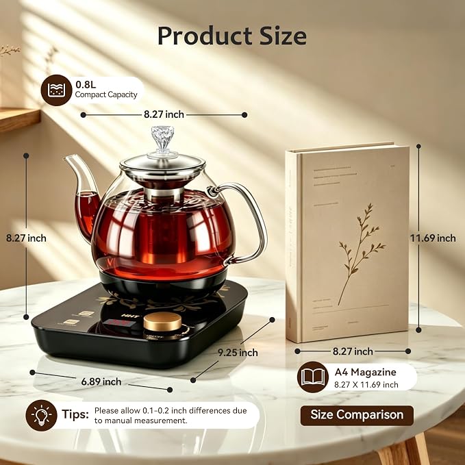 HHT Electric Tea Maker with Infuser, ±1℉ Precise Temperature Control, Glass Electric Kettle for Herbal,Flowers,Fruit Tea and Loose Leaf,BPA-Free,Auto Shut-Off,Brewing Program,Keep Warm,0.8L