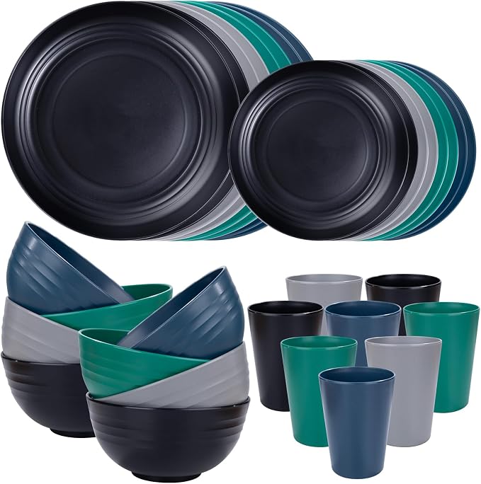32 Pcs Assorted Colors Wheat Straw Dinnerware Set for 8 Camping | Includes Plates,Bowls & Cups In Multi Colors (Dark Blue,Green,Grey,Black),Unbreakable Heavy-Duty Plastic for RVs & Parties