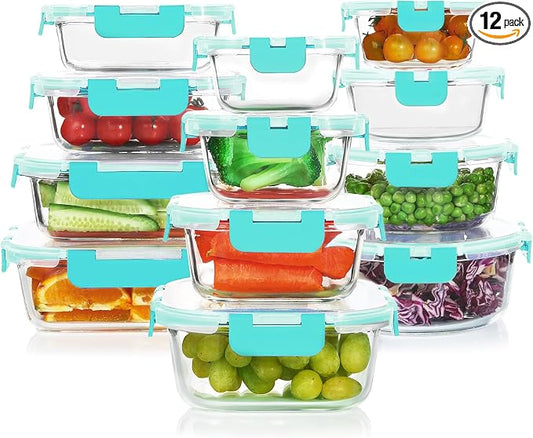24 Pieces Glass Food Storage Containers Set, Meal Prep Containers, BPA-Free Airtight Glass Storage Containers with lids, Freezer, Microwave and Oven Safe,Green
