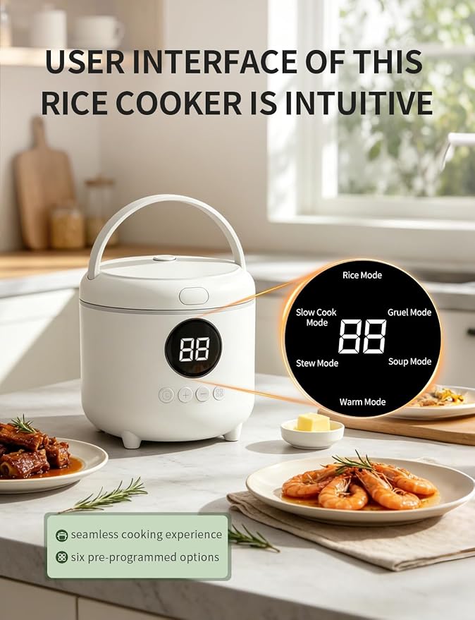 Small Rice Cooker, 3-Cups Uncooked/ 6-Cups Cooked, White | Multifunctional 6 Intelligent Cooking Modes for White Rice, Quinoa, Oatmeal, 1.6L Capacity