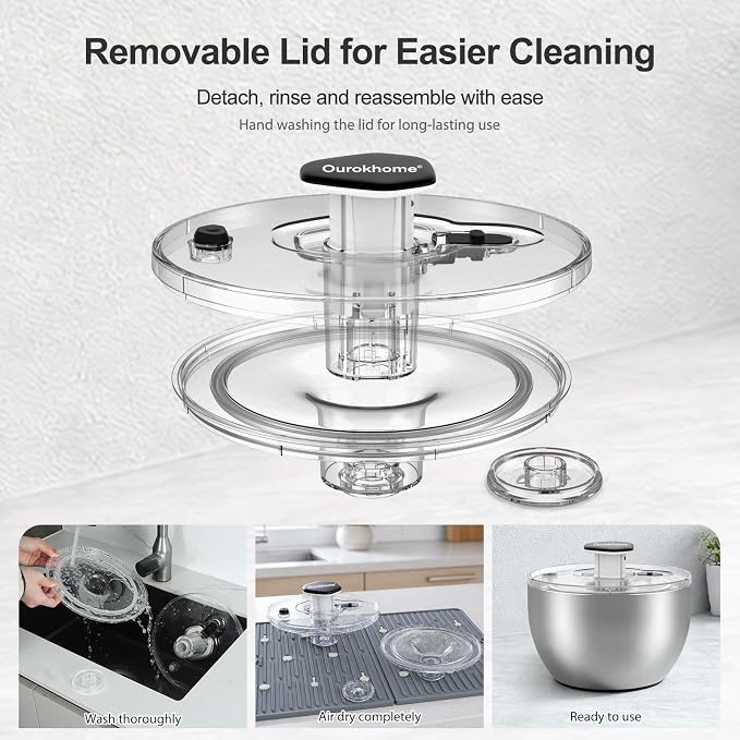 Ourokhome 6.3 QT Stainless Steel Salad Spinner, Large Lettuce Spinner with One-Hand Press Pump, Brake Button, Non-Slip Base and Retractable Handle, Vegetable Washer & Dryer for Greens, Fruits and Herb