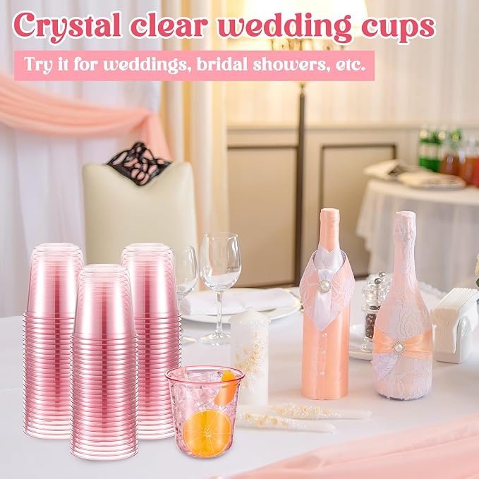 Ziliny 100 Pcs 12oz Plastic Stemless Wine Glasses Disposable, Pink | Plastic Wine Glasses for Parties Weddings Birthdays, Cocktail Drinking Cups, Round Bowl, Bulk Event Supplies