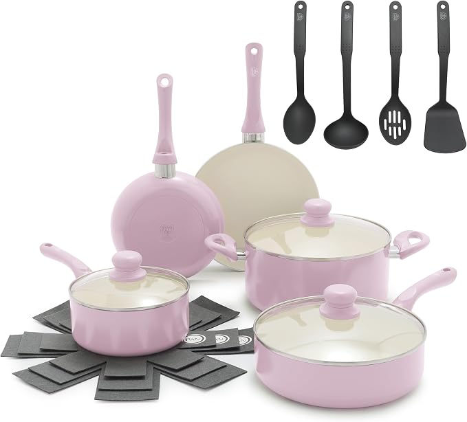 GreenLife 16pc Ceramic Nonstick Pots & Pans Cookware Set, Blush Pink | PFAS-Free Nonstick Coating, Stockpot, Frying Pans, Saucepan, Sauté, Induction Ready, All Stovetop Compatible, Dishwasher Safe