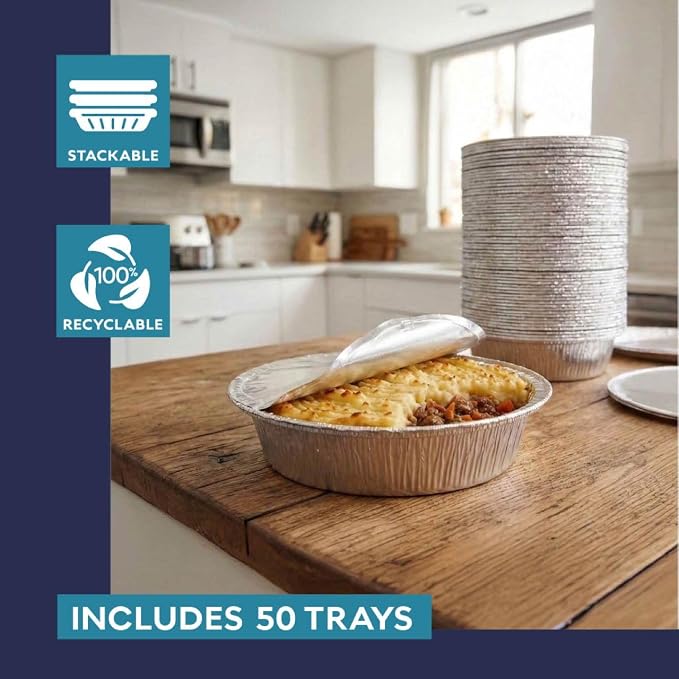 The Name 9" Round 50 Pack Aluminum Foil Pans Disposable Pie Tins, Mini Pans, Tart Baking Trays, Oven/Freezer Safe, Perfect for Apple Pie, Pumpkin Pie, Quiche, Pot Pie, Cobbler, Catering & Food Service
