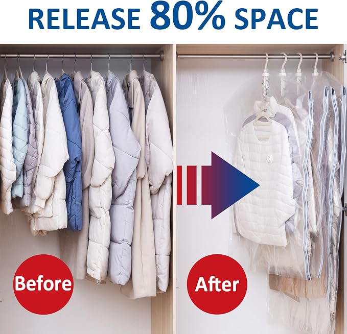 Hanging Vacuum Storage Bags, Space Saver for Clothing, 6 Long with Pump | Vacuum Seal Bags for Clothing with Electric Pump, Hanging Garment Storage for Jackets, Suit, Dresses, Winter Closet Organizer