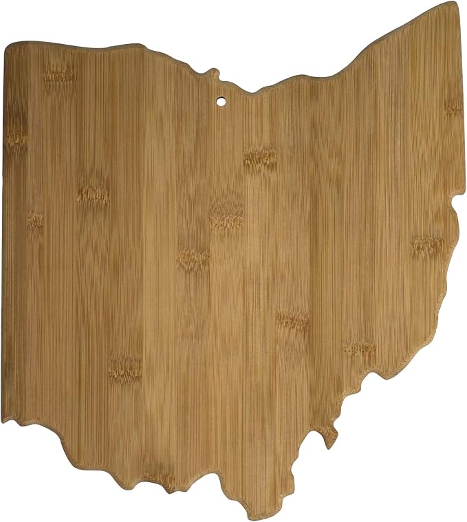 Totally Bamboo Ohio State Shaped Bamboo Serving and Cutting Board | State charcuterie board with natural bamboo grain. Knife-friendly surface for food prep. Hang tie for wall display.