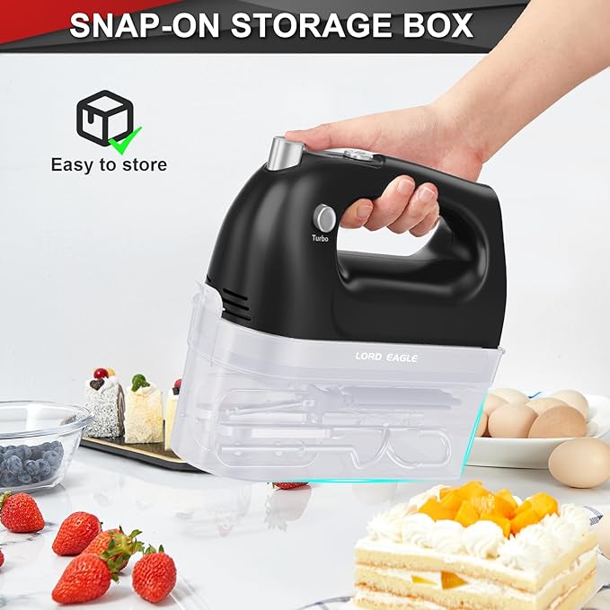 Lord Eagle Hand Mixer Electric Handheld 400W,5-Speed, Lightweight, Black | Kitchen Mixer with Storage Case, 5 Stainless Steel Attachments for Baking Cake Egg Cream Food Beater, Turbo+Eject Button