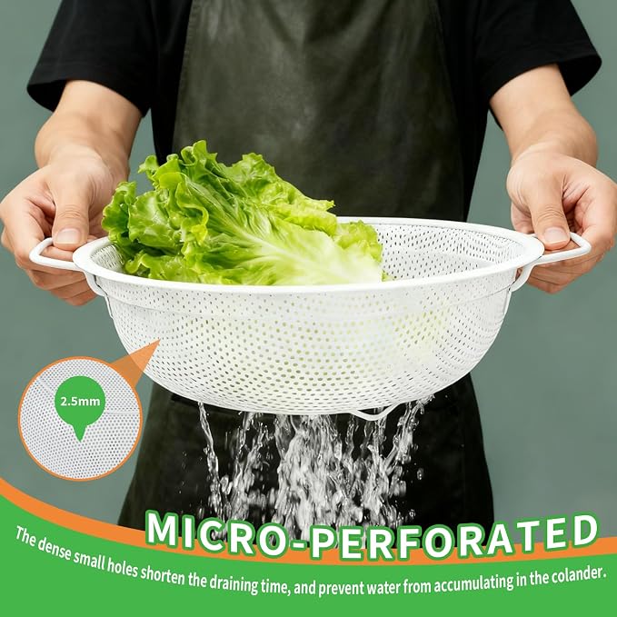 White Stainless Steel Colander Set of 3, Micro-Perforated Metal Kitchen Strainer Set with Handles & Feet for Draining Pasta, Rice, Vegetables - Heavy Duty Decorative Colanders (2, 3, 5 Quart)