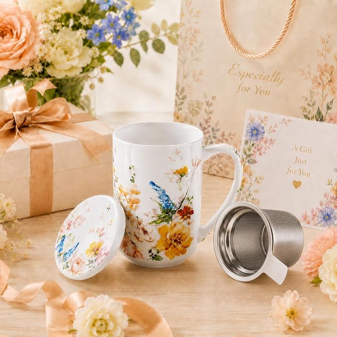GBhome Tea Mug with Infuser and Lid,18 Ounce Ceramic Loose Leaf Cup Steeper | Lead-Free Glaze For Tea Lovers,Microwave & Dishwasher Safe with Tea Strainer