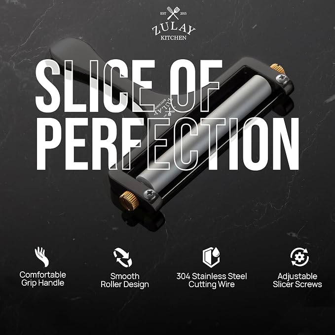 Zulay Kitchen Stainless Steel Wire Cheese Slicer - Adjustable Hand Held Cutter with 2 Extra Wires - Premium Cheese Shaver For Mozzarella, Cheddar, Gruyere - Black