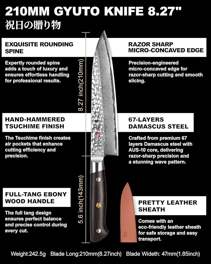 Japanese Chef Knife Kitchen Knife with 67 Layers Damascus Steel AUS-10 Core, Professional Damascus Knife with Full-Tang Ebony Wood Handle and Premium Gift Box (8.27 Inch Gyuto Chef Knife)