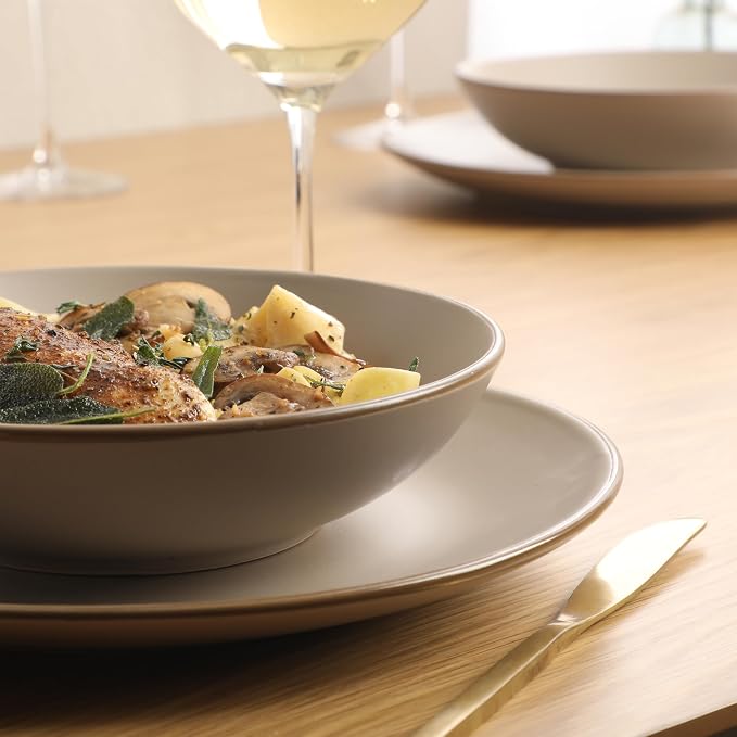 Gibson Home Chiswick House 16-Piece Stoneware Dinnerware Set, Round Plates and Bowls Set for 4, Beige with Wax Relief Embossed Rim Detail, Dishwasher Safe – Dinner Plate, Salad Plate & Cereal Bowl