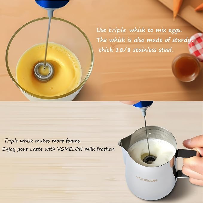 Milk Frother Handheld, Battery Operated Coffee Foamer Drink Mixer with 2 Stainless Steel Electric Whisks for Coffee, Latte, Cappuccino, Hot Chocolate, Protein，Egg Batteries Included,Blue