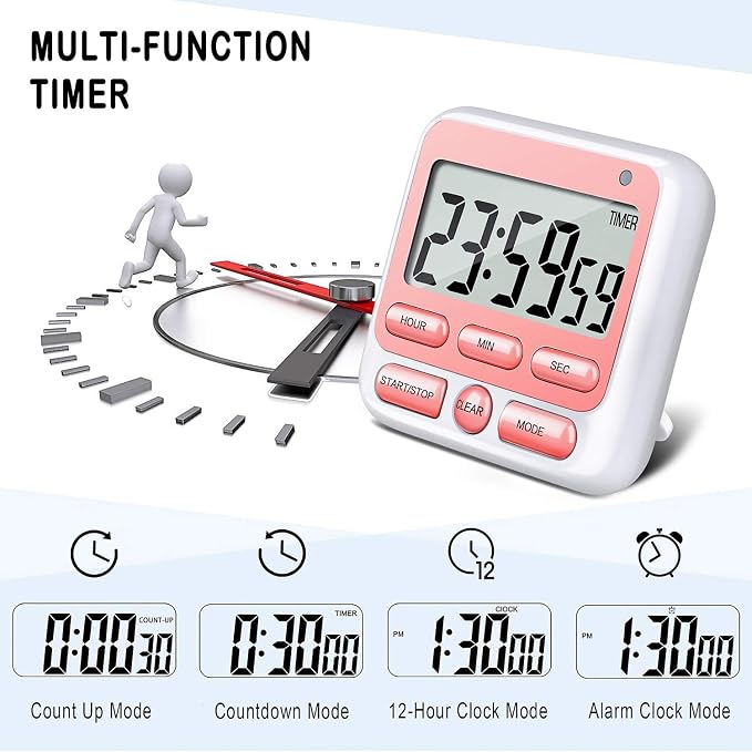 4-in-1 Digital Timer with Count Up/Down, Clock & Alarm, Ring & Silent Modes | Large 2.8-Inch easy-read LCD, On/Off switch, 24-Hour count up/down, Fast-forward function, Magnetic back, stand, hanging hole