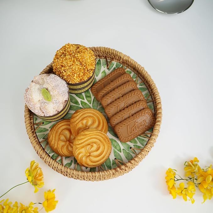 Round Rattan Serving Trays with Mother of Pearl Inlay, Set of 3, Green | Coffee Table Trays, Decorative Wicker Trays, Bread and Fruit Display, Ottoman Tray Set, Leaf Pattern