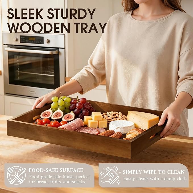 Extra Large Ottoman Tray, 22 x 18 inches Black Walnut Wooden Tray | Rectangle Decorative Tray with Handles, Wood Coffee Table Tray, Serving Platter Tray for Living Room, Countertop, Kitchen
