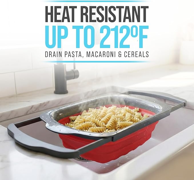Comfify XL Large Kitchen Strainer - Collapsible Silicone Over-The-Sink Colander with Extendable Handles - Use with Pasta, Fruit, Berries & Veggie - 6 Quart - Red | Red silicone colander; 17.1 x 10.1 in; folds to 1.4 in; 6 Qt; handles extend 25 in; heat...