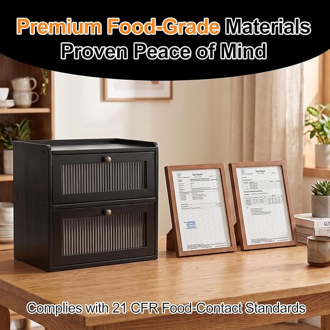 Alpeir Wooden Bread Box for Kitchen Countertop, Large Double Layer, Black | Food-Safe Pine Wood, Double-Row Ventilation, Strong Acrylic Window, Raised Top Shelf, Easy Care, Farmhouse Corner Container