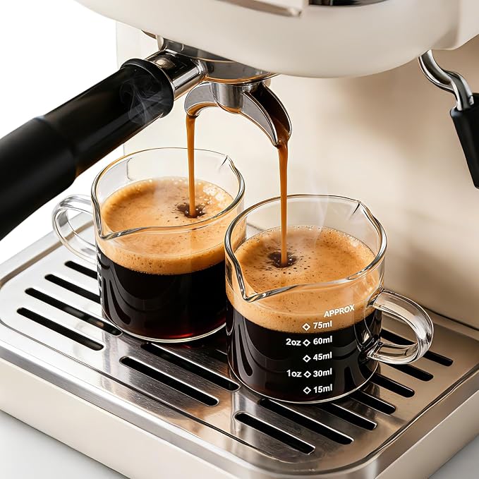 Espresso Cups Set of 2: Espresso Machine Accessories - Dual Scale Glass Measuring Cup and Espresso Shot Cups - Essential Coffee Bar Accessories - 4oz Glass Espresso Cup Set with Handled and Spout