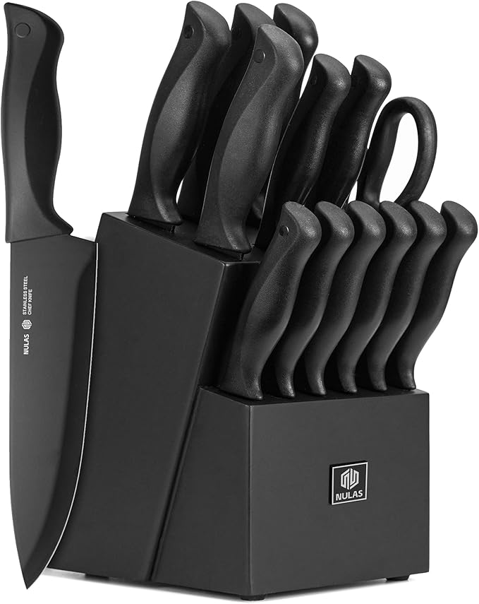 15-Piece Kitchen Knife Set with Block and Built-In Sharpener, Black | High-carbon stainless steel blades, nonstick coating, ergonomic handles and dishwasher-safe care