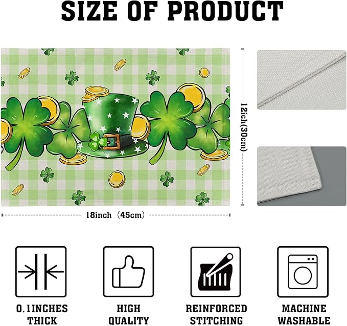 St. Patrick's Day Clover Top Hat Placemat Set of 4,Lucky Shamrock Gold Coin Dining Place Mat Table Decor 12x18 Inch Buffalo Plaid Seasonal Spring Table Mats for Home Party Kitchen Decoration