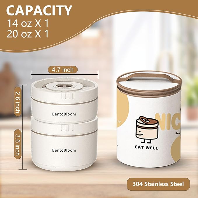 Bento Box Adult — Round Stackable Lunch Box for Women (450ml & 600ml) with Insulated Carry Bag | 304 Stainless Steel Removable Inserts | Microwave & Dishwasher Safe, White