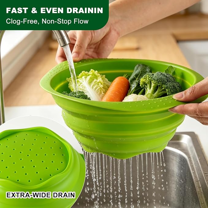 Collapsible Silicone Colander with Handle, 10.5-Inch Large Capacity Foldable Strainer for Vegetables, Pasta, Fruits - Heat Resistant up to 212°F, Non-Slip Base, Space-Saving Kitchen Tool-3pack