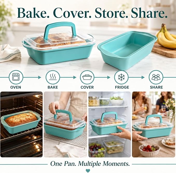 2 Pack 9x5 Inch Loaf Pan with Lid, Nonstick Bread Pans for Baking | Bake, Store & Carry, Heavy Duty Carbon Steel, Perfect for Banana Bread, Homemade Bread & Meatloaf, PFOA-Free