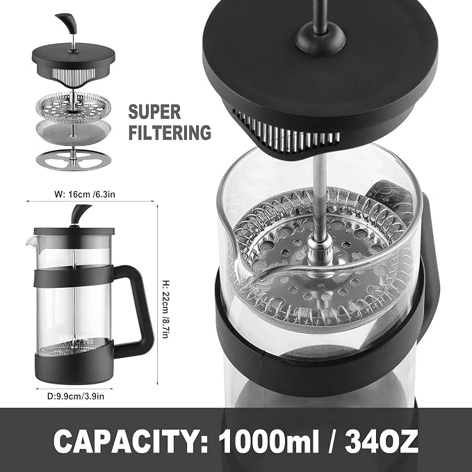 Sivaphe French Press 34oz Light-weight Durable High Borosilicate Carafe Maker 8 Cup Plastic Coffee Press Frothed