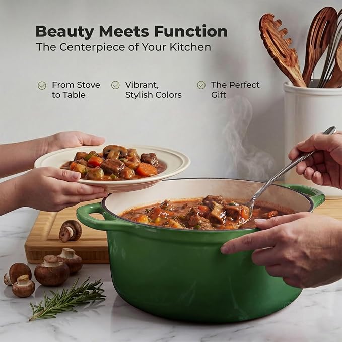 Zulay Kitchen 7.7 Quart Enameled Cast Iron Dutch Oven Pot with Lid – Premium Durability & Oven Safe up to 500°F – Heavy Duty Cookware Perfect for Bread Baking, Stews, Braising & Roasting – Green
