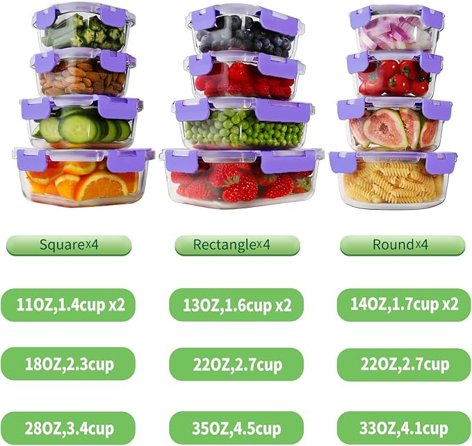 HOMBERKING 24pc Glass Food Storage Containers with Lids, Glass Meal Prep Containers, Airtight Bento Boxes, BPA Free & Leak Proof, Pantry Kitchen Storage(12 lids & 12 Containers) - Purple