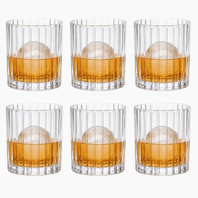 10oz Ribbed Glass Cups Set of 6, Clear Vertical Striped Drinking Glasses, Vintage Glass Tumblers for Water, Coffee, Whiskey, Cocktails, Kitchen & Bar