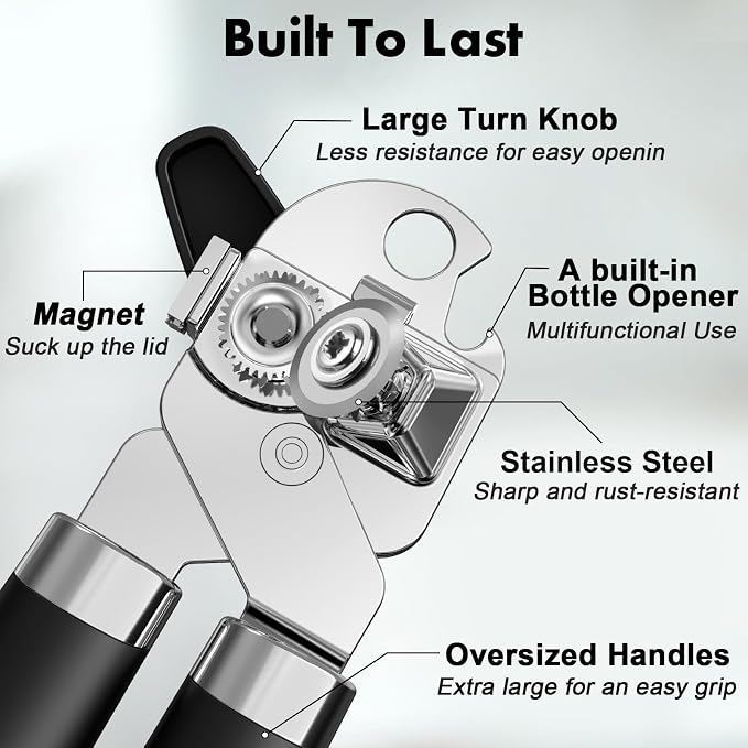 3PCS Can Opener Manual & Bottle Opener & Wine Opener, Smooth Edge Can Openers with Strong Magnet, Heavy Duty Stainless Steel Abrelatas Handheld Waiter Corkscrew - Premium Kitchen Supplies (Black)