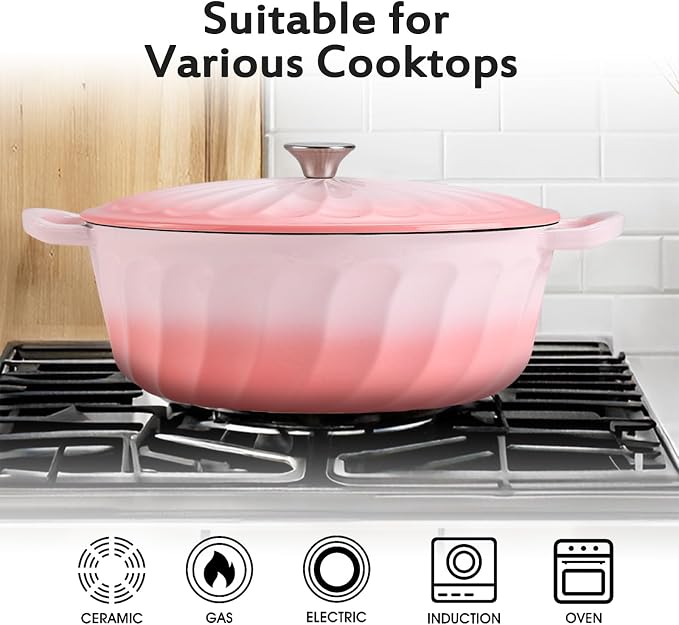 Enameled Dutch Oven Pot with Lid, 7 QT Cast Iron Dutch Oven with Dual Handles, Oval Dutch Oven for Cooking, Bread Baking, Frying, Non-stick Enamel Coated Oven (Gradient Pink)