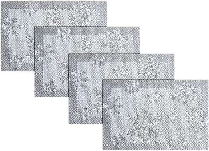 PIGCHCY Christmas Placemats Snowflake Woven Heat Resistant Placemats Washable Easy to Clean Table Mats for Dining Room and Decor(Set of 4, Silver)