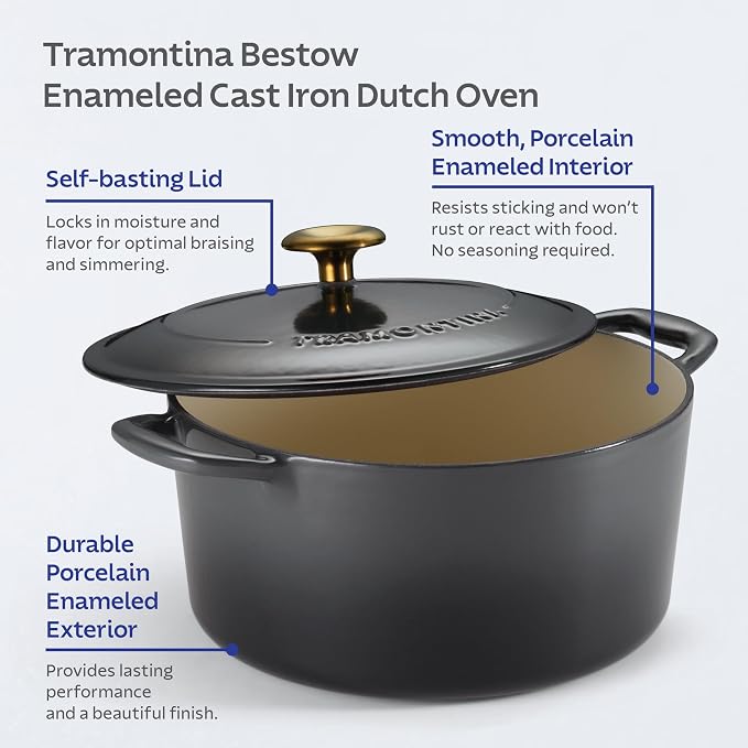 Tramontina Bestow Enameled Cast Iron 5.5-Qt Round Dutch Oven Pot with Lid | Great for Braising, Roasting and Bread Baking - Smoke with Gold Knob