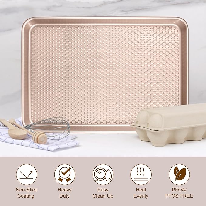Wildone Baking Sheet Pan Set of 2, Honeycomb Embossed Nonstick Cookie Sheet | Thicker Carbon Steel Half Sheet Pan Oven Tray 17.5x12 Inch, Heavy Duty & Easy Clean, Rose Gold