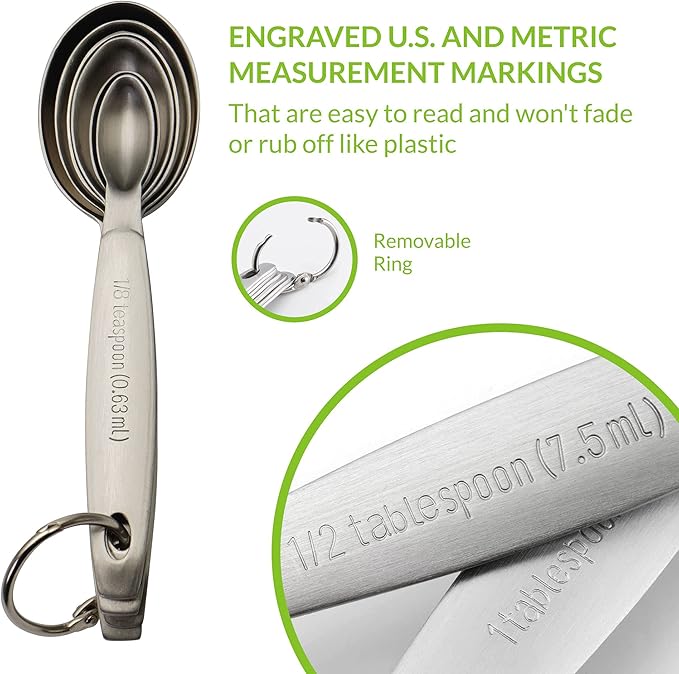 Spring Chef Stainless Steel Measuring Spoons Set of 7 with Leveler | Oval Metal Teaspoon & Tablespoon Measuring Spoons for Dry & Liquid Ingredients, Nesting Metric Spoons with Long Handle