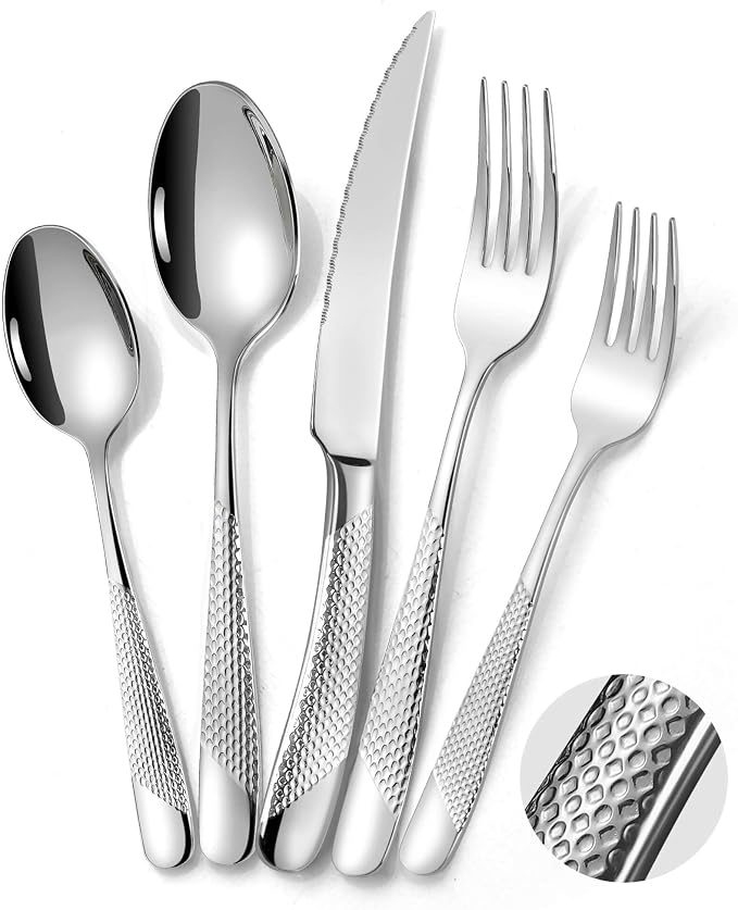 Hammered 30 Pieces Set Silverware Set for 6 with Serrated Forging Knives,18/10 Stainless Steel Modern Flatware Set,Unique Cutlery Set,Mirror Polished,Dishwasher Safe
