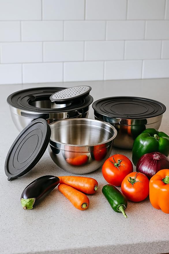 serenk Stainless Steel 9-piece Mixing Bowl Set with Airtight Lids, Nesting Bowls with 2 Graters, Non-slip Silicone Base, Dishwasher Safe, Size 1.42, 2.85, 4.86 QT for Food Storage, Black