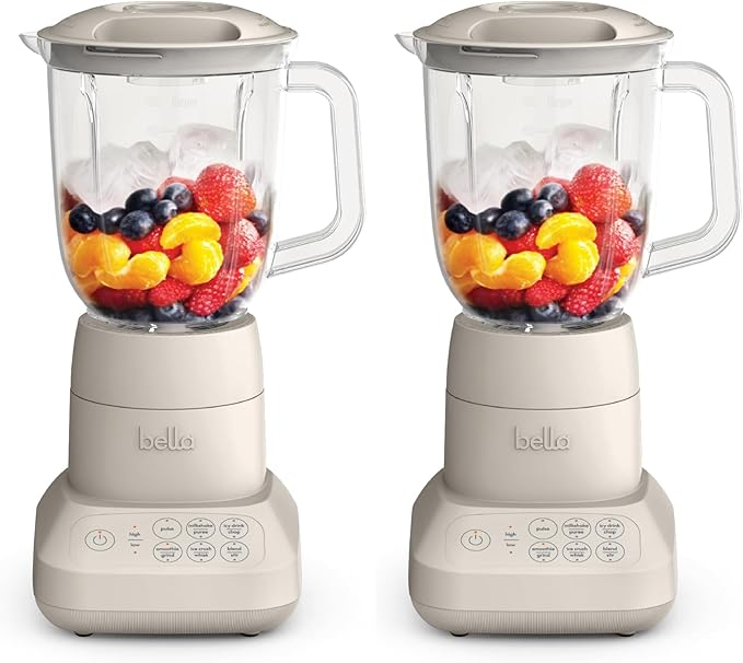 bella 10 Speed Countertop Blender,Juicer&Smoothie Maker,Fits-anywhere™ Kitchenware,Slim Flip&Store Design,Dishwasher Safe 48oz Capacity Pitcher-&Lid,Stainless Steel Blade,450 Watt,Oatmilk,(Pack of 2)