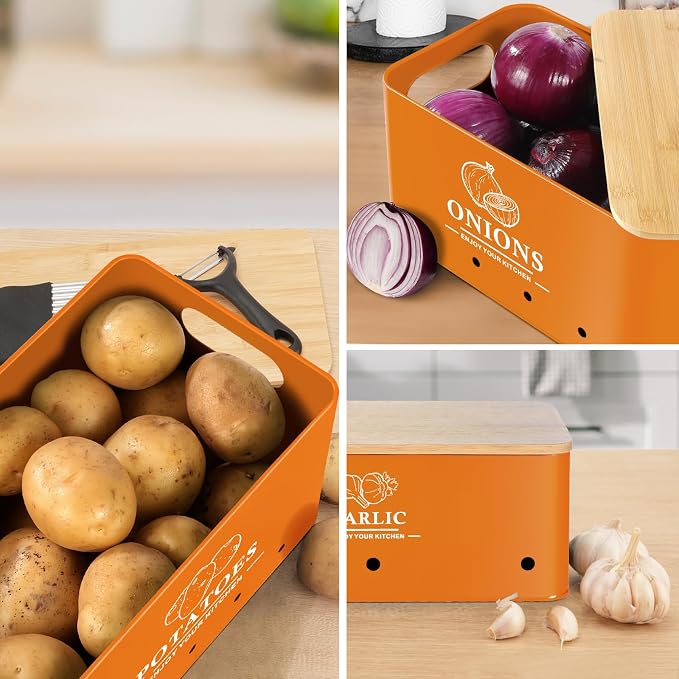 Kitchen Vegetable Storage Set of 3, Metal Onion Garlic Potato Storage Set, Kitchen Canisters Vegetable Keeper Containers with Aerating Holes and Bamboo Lid,Orange