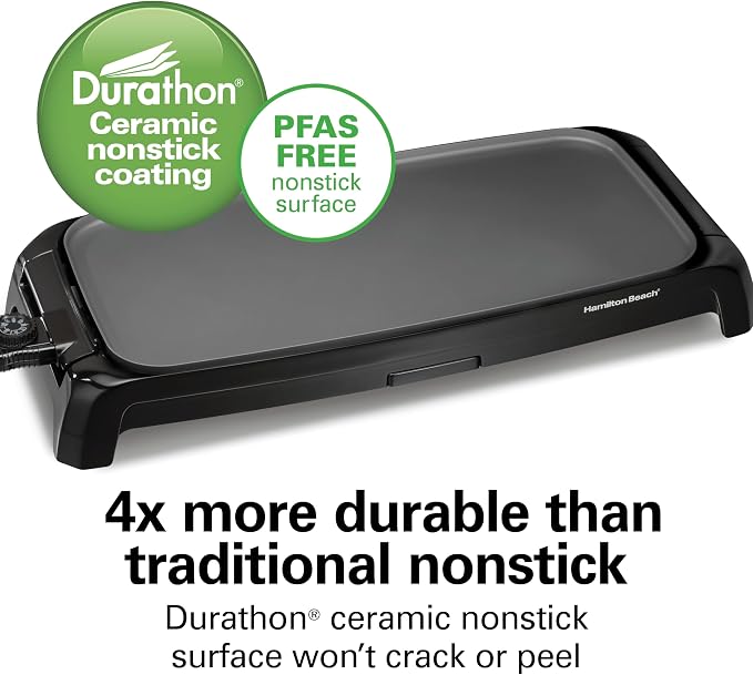 Hamilton Beach 200 Sq. In. Electric Griddle With Adjustable Temperature | 200 to 400 degrees | PTFE & PFOA Free Durathon Ceramic Reversible Nonstick Surface | Removable Drip Tray | Black | 38522