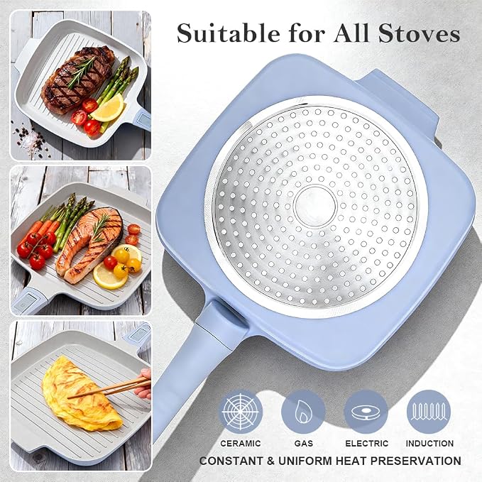 RANX INGST Nonstick Ceramic Griddle Pan with Lid, 10 Inch Steak Pan- Blue | Detachable Handle Induction Compatible