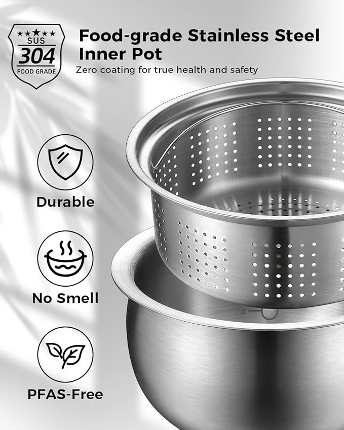 Novaspark Stainless Steel Rice Cooker Small 6 Cup (Uncooked) / 12-Cup (Cooked) with Stainless Steel Inner Pot, Compact Mini Rice Cooker Small Kitchen, Low Carb Rice Maker, 24H Timer and Auto Keep Warm