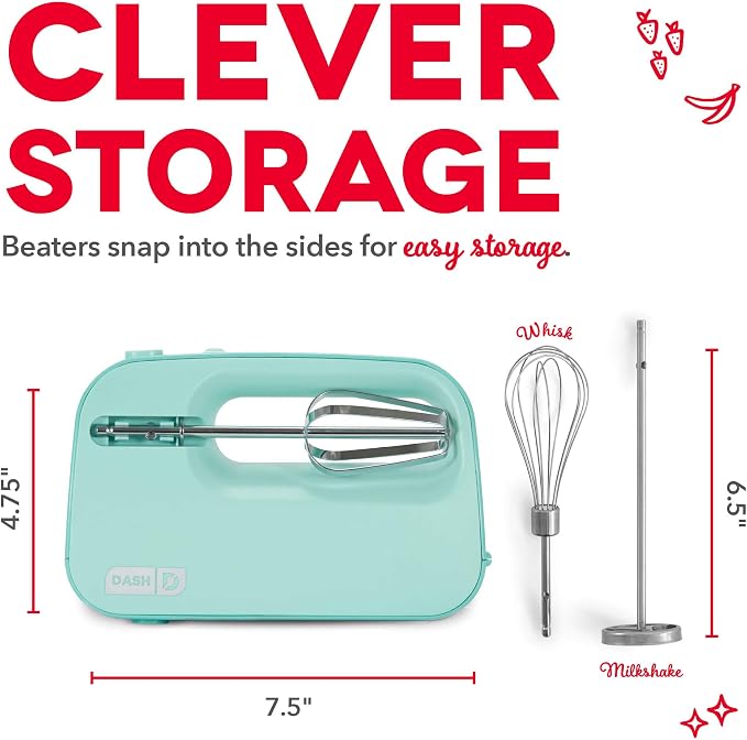 Dash SmartStore Hand Mixer - Electric Handheld Mixer For Everyday Baking - 3-Speed Power and One-Touch Beater Ejector Button - Aqua, Includes Whisk and Milkshake Attachments