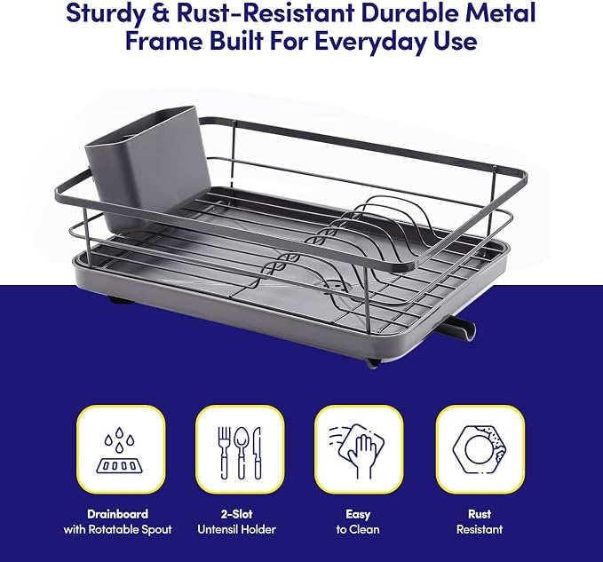 Dish Drying Rack 3 Piece Dish Drainer with Drainboard Set for Kitchen Counter – Dish Rack with Removable Utensil Holder & Swivel Spout for Countertop – DishRack for Plates, Cups & More, Gray